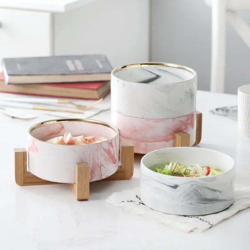 Luxus-Hundenapf „Marble“ – Schüssel aus Marmor-Keramik mit Holzständer