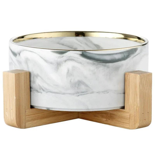Luxus-Hundenapf „Marble“ – Schüssel aus Marmor-Keramik mit Holzständer