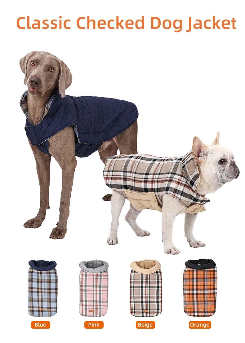 Klassische Wende-Hundejacke im Karo-Look – Wasserdichter Wintermantel mit Fleece-Futter für kleine bis große Hunde