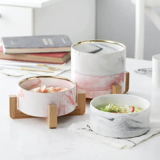 Luxus-Hundenapf „Marble“ – Schüssel aus Marmor-Keramik mit Holzständer